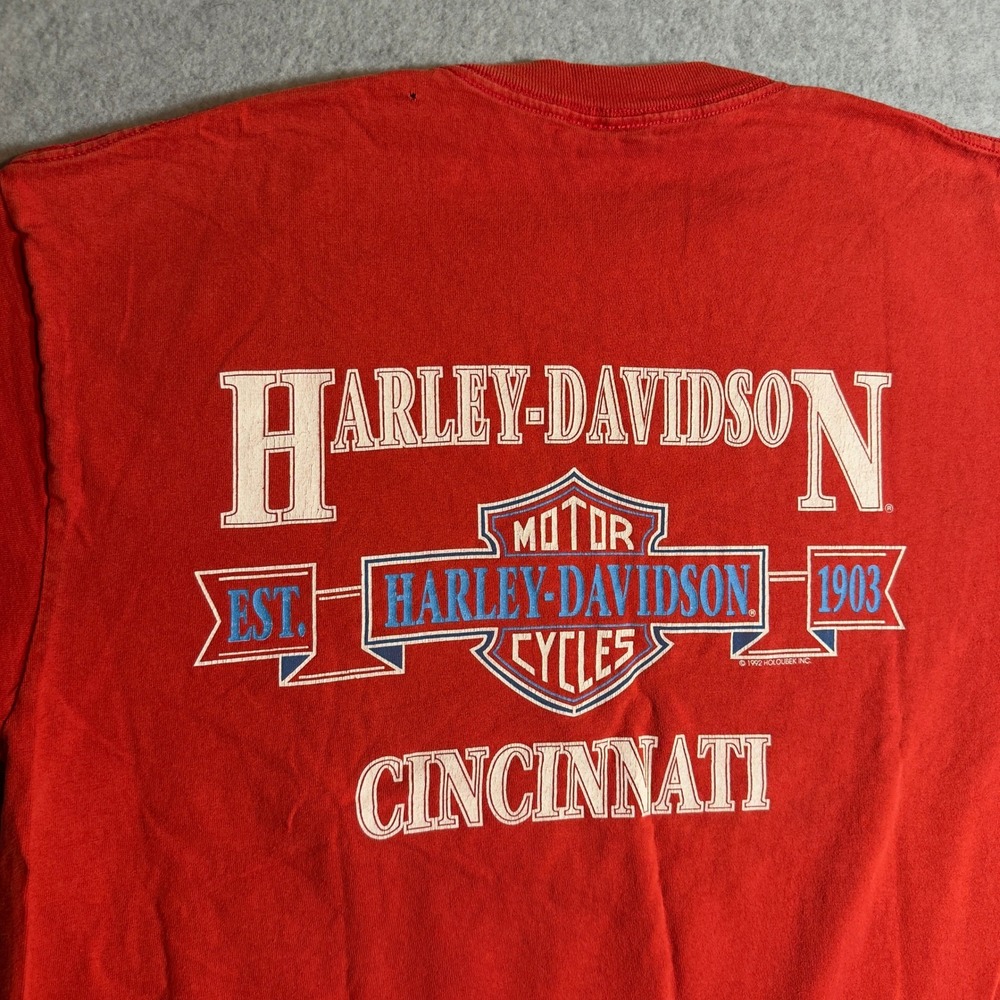 Vintage 1992 Harley Davidson Cincinnati Pocket T-Shirt Red XL Holoubek 90s Biker